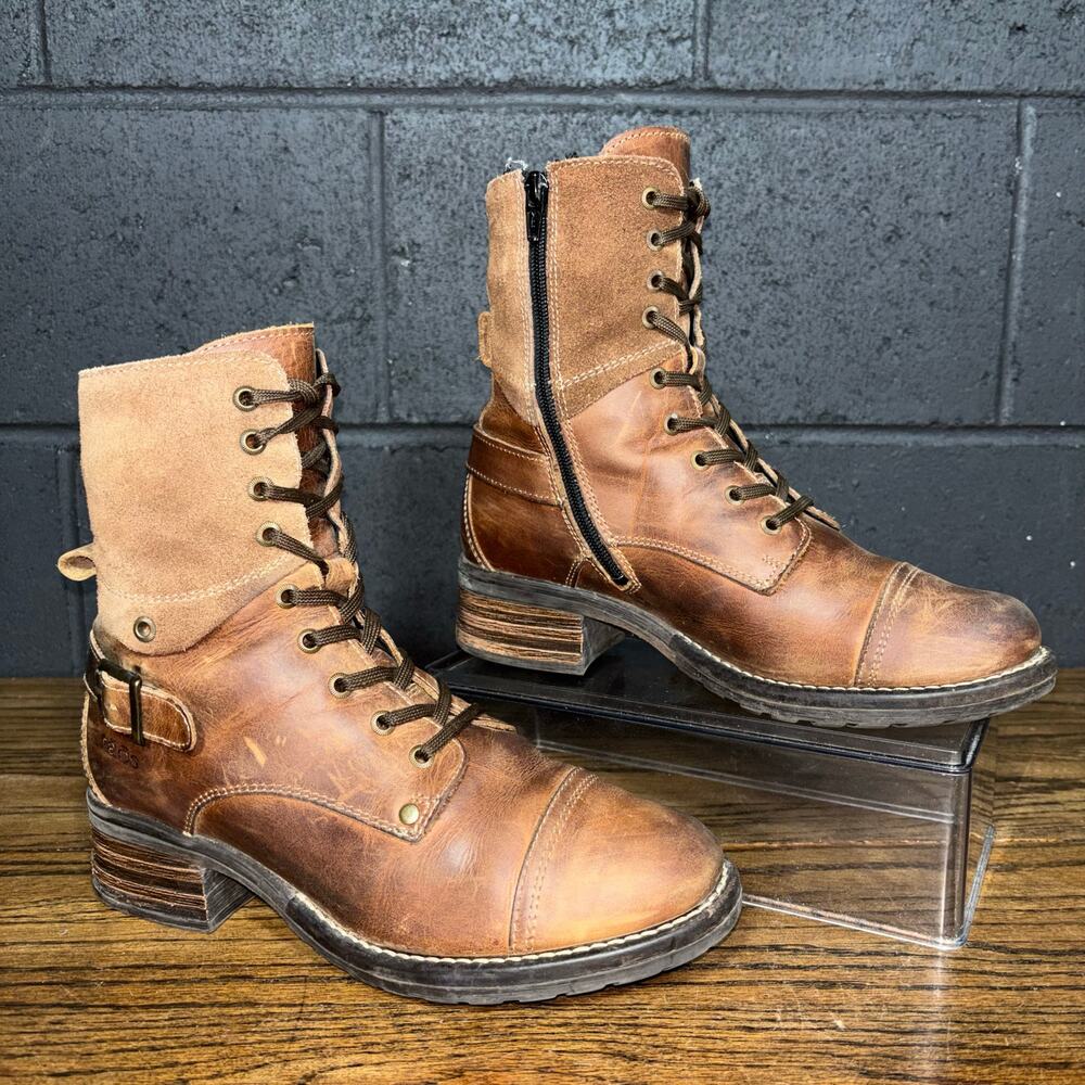 Taos Footwear Brown Leather Combat Boots with Suede Collar